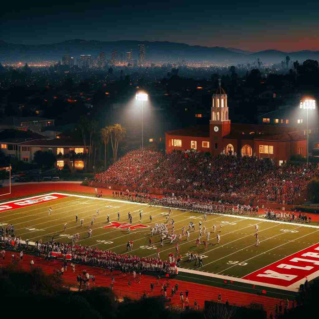 A night scene of a high school football game between Antlers and Eufaula in San Juan Capistrano, CA