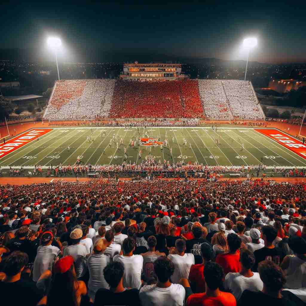 A stadium filled with people watching a live high school football game between Antlers and Eufaula